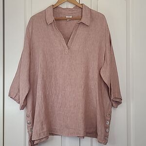 Sigrid Olsen Linen V-neck Popover Shirt Top Red Tunic Dropped Shoulder Size 2X